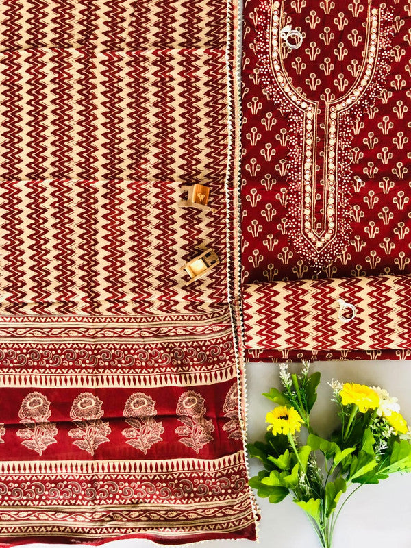 Maroon & White Coloured Cotton Unstitched Hand Block Printed Women Party/Daily wear Dress Material Suit- Top with Bottom & Cotton Dupatta!!