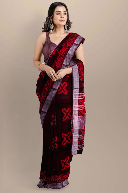 Black & Multi Coloured Linen Cotton Beautiful Hand Block printed Women Daily/Party wear Saree with Blouse!!