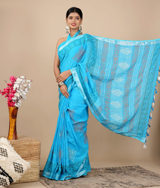 LINEN COTTON HAND PRINTED  SAREE WITH TAUSSAL