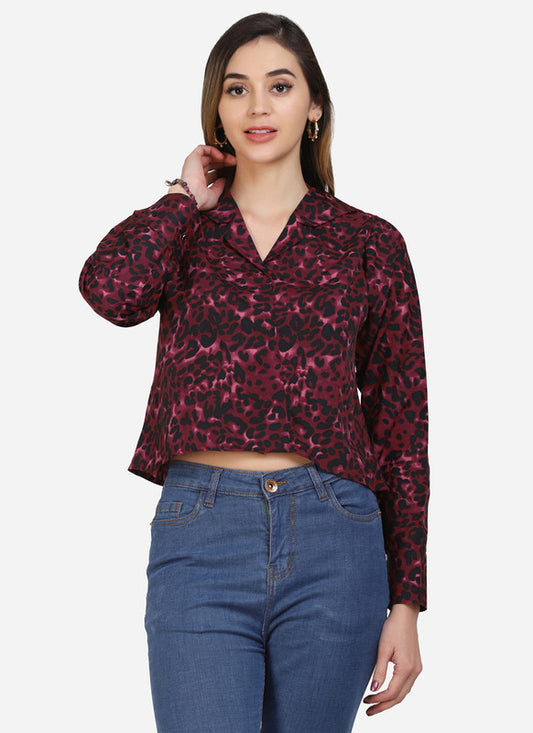 Ruby Pink & Black Coloured Premium Crepe Printed Full Sleeves V Neck Women Party/Daily wear Western Top!!