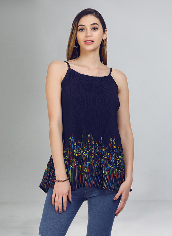 Navy Blue Coloured Premium Crepe Plated Printed Sleeveless Women Party/Daily wear Western Top!!