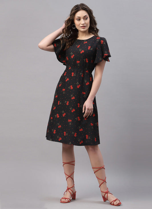 Black & Multi Coloured Premium Crepe Mill Printed Cape Joint Sleeves Round Neck Women Party/Daily wear Western Dress!!