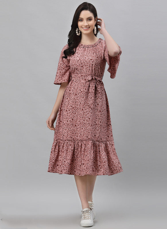 Rose Pink Coloured Premium Crepe Printed Bell Sleeves Round Neck Women Party/Daily wear Western Dress!!