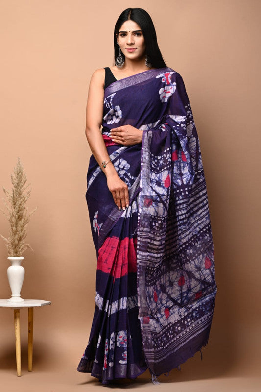 Blue & Off White Coloured Exclusive Hand Block printed Women Daily/Party wear Linen Cotton Saree with Blouse!!