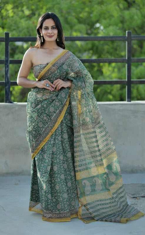 Green & Multi Coloured Kota Doriya Cotton Beautiful Hand Block printed Women Daily/Party wear Saree with Blouse!!