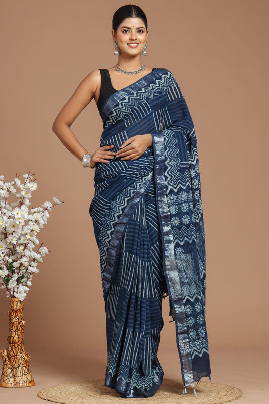 Blue & Multi Coloured Linen Cotton Beautiful Hand Block printed Women Daily/Party wear Saree with Blouse!!