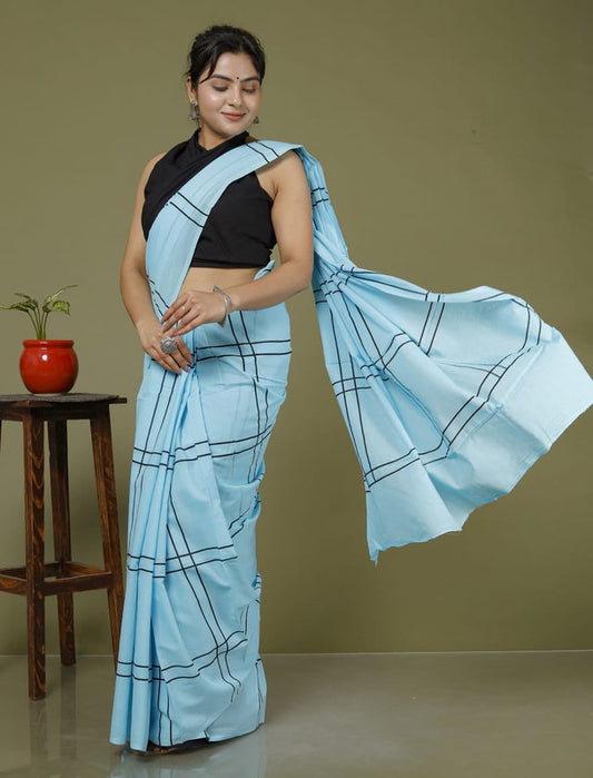 Sky Blue & Black Coloured Hand Printed Super dying Quality Mul Cotton Women Daily wear Saree with Blouse!!