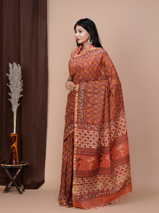 Designer Hand Block Print Chanderi Silk Saree