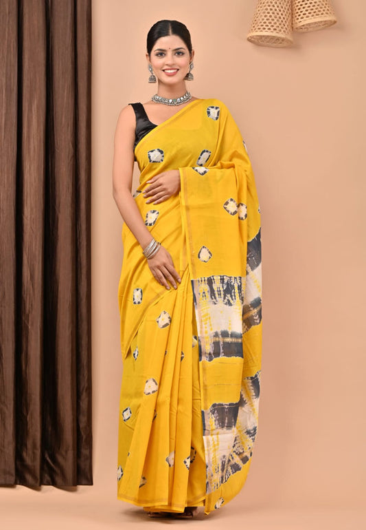 Yellow & Multi Coloured Hand Block Printed Women Designer Party wear Chanderi Cotton Silk Saree with Runnin Blouse!!