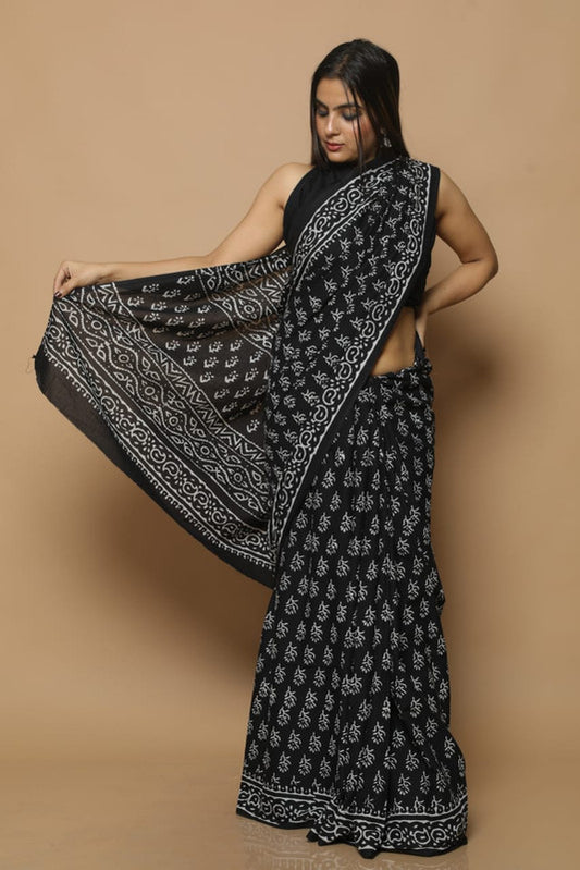 Black & Off White Coloured Beautiful Hand Block printed Women Daily/Party wear Pure Cotton Saree with Blouse!!