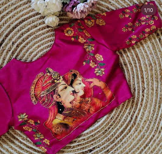 Dark Pink Coloured Pure Silk with Handmade work  Woman Ready made Designer Botique Style Blouse- Free Size Up to 42 Inch!!