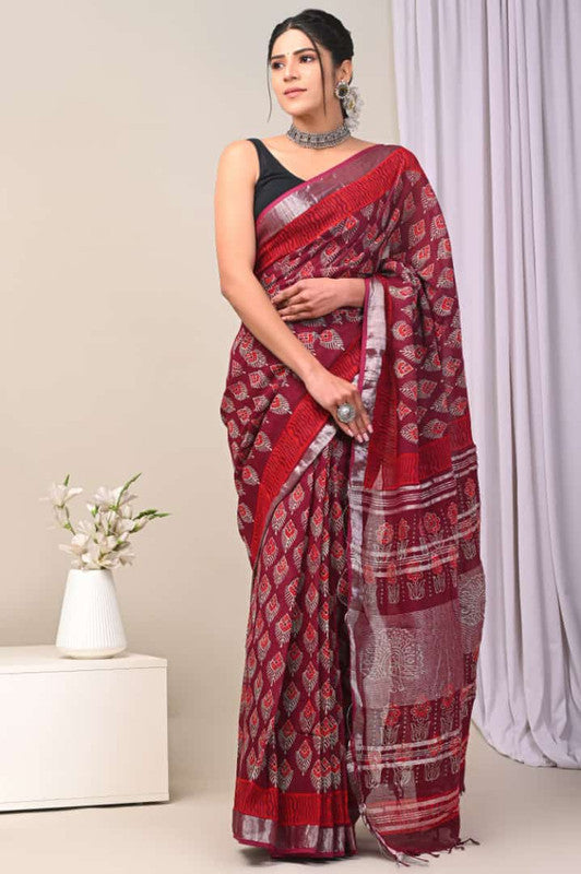 Maroon & Multi Coloured Linen Cotton Beautiful Hand Block printed Women Daily/Party wear Saree with Blouse!!