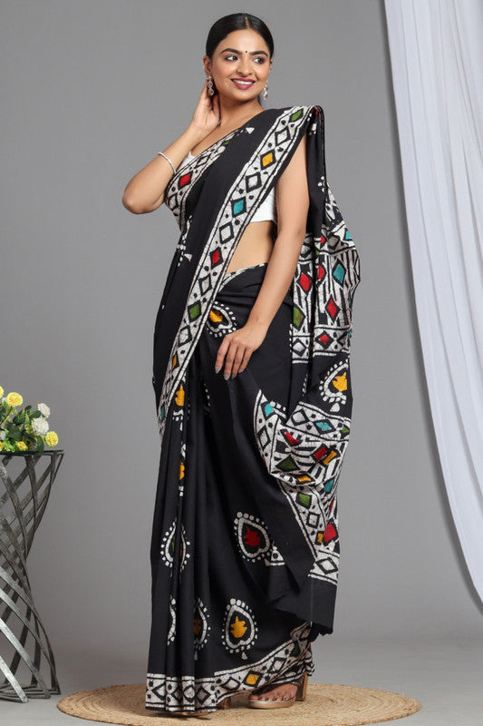 Black & Multi Coloured Pure Cotton Beautiful Hand Block printed Women Daily/Party wear Saree with Blouse!!