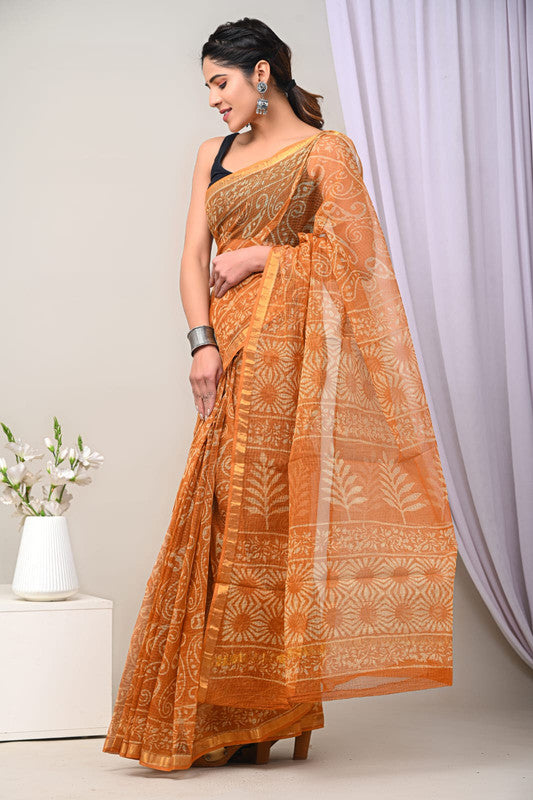 Orange & Multi Coloured Kota Doriya Cotton Beautiful Hand Block printed Women Daily/Party wear Saree with Blouse!!