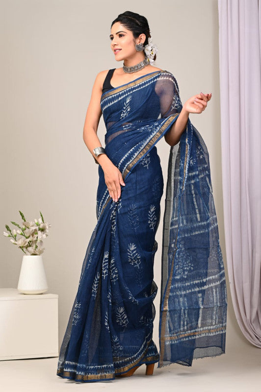 Blue & Off White Coloured Beautiful Hand Block printed Women Daily/Party wear Kota Doriya Cotton Saree with Blouse!!