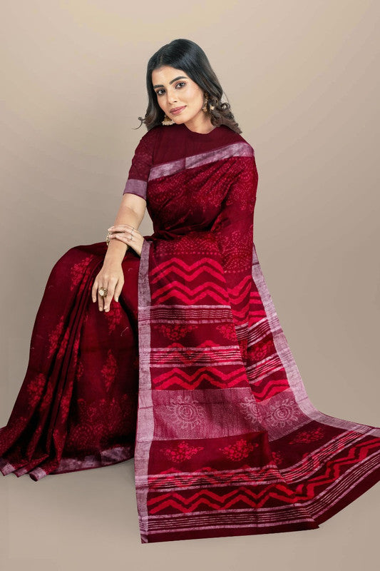 Maroon & Multi Coloured Linen Cotton Beautiful Hand Block printed Women Daily/Party wear Saree with Blouse!!