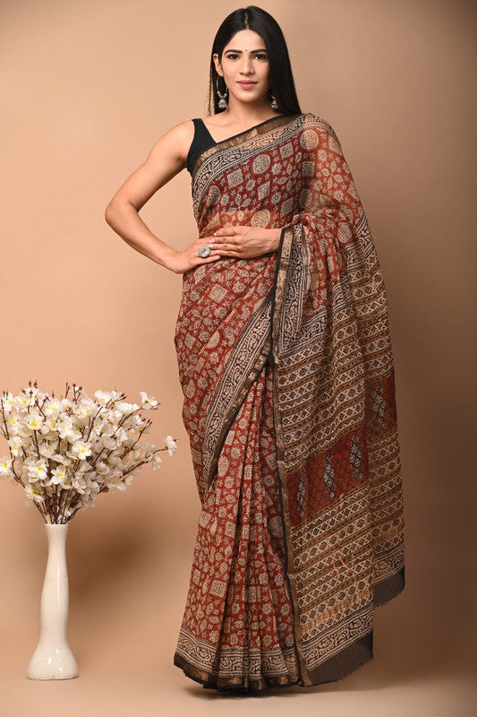 Maroon & Multi Coloured Kota Doriya Cotton Beautiful Hand Block printed Women Daily/Party wear Saree with Blouse!!