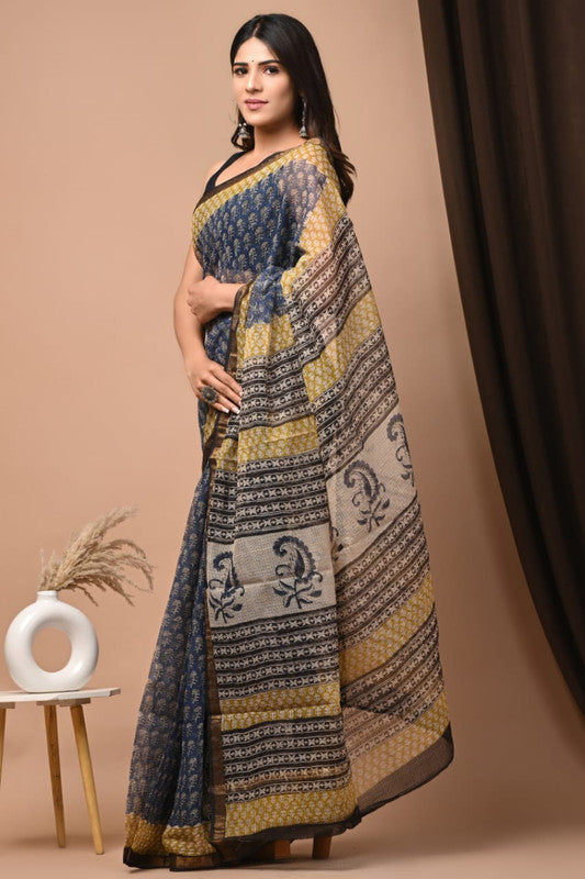 Blue & Multi Coloured Kota Doriya Cotton Beautiful Hand Block printed Women Daily/Party wear Saree with Blouse!!