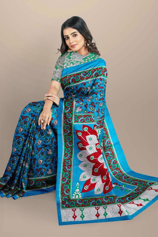 Sky Blue & Multi Coloured Premium Mul Mul Cotton Beautiful Hand Block printed Women Daily/Party wear Saree with Blouse!!