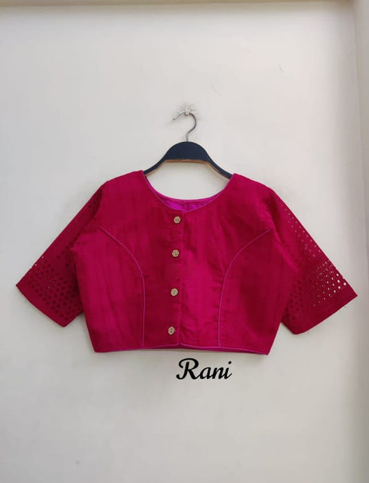 Rani Coloured Jaipuri Goli Hakoba Boat Neck Ready made Blouse with Wooden Button!!