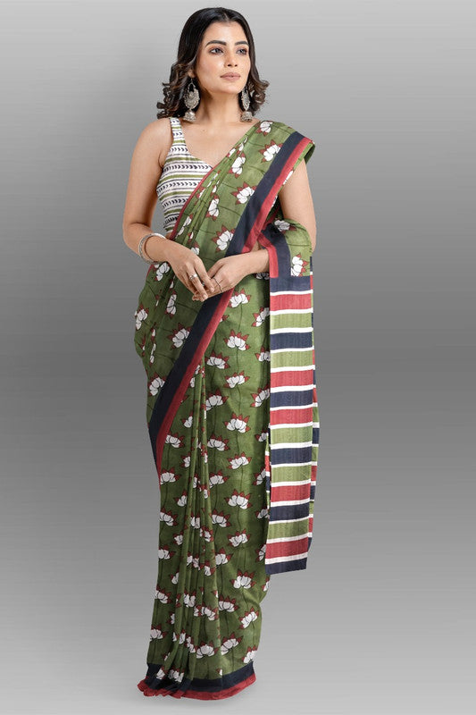 Green & Multi Coloured Premium Mul Mul Cotton Beautiful Hand Block printed Women Daily/Party wear Saree with Blouse!!