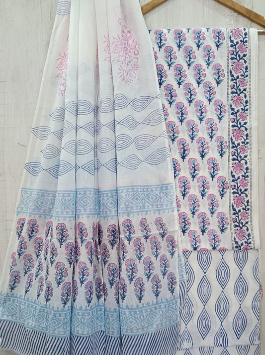 White & Pink Coloured Unstitched Pure Cotton Hand Block Printed Women Party/Daily wear Dress Material Suit- Top with Bottom & Cotton Dupatta!!