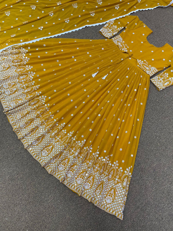 MUSTARD YELLOW FANCY HEAVY EMBROIDERY 9MM SEQUENCE WORK GOWN WITH DUPATTA!!