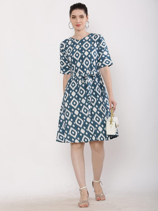 Light Blue Coloured Premium Crepe Printed Western Dress with Belt!!