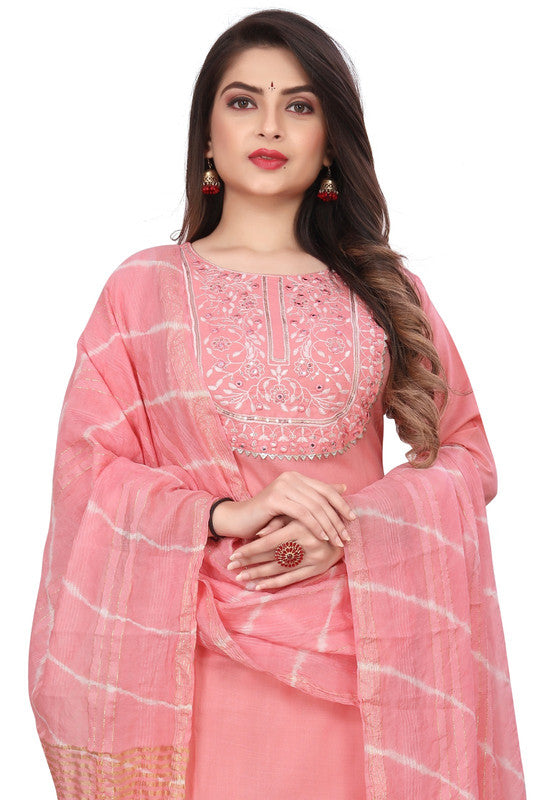 Pink Coloured Pure Cotton with Embroidery work Round Neck 3/4 Sleeves Women Fully Stitched Designer Party/Daily wear Kurti with Pant & Chanderi Dupatta!!