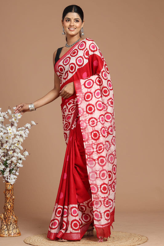 Red & Multi Coloured Linen Cotton Beautiful Hand Block printed Women Daily/Party wear Saree with Blouse!!