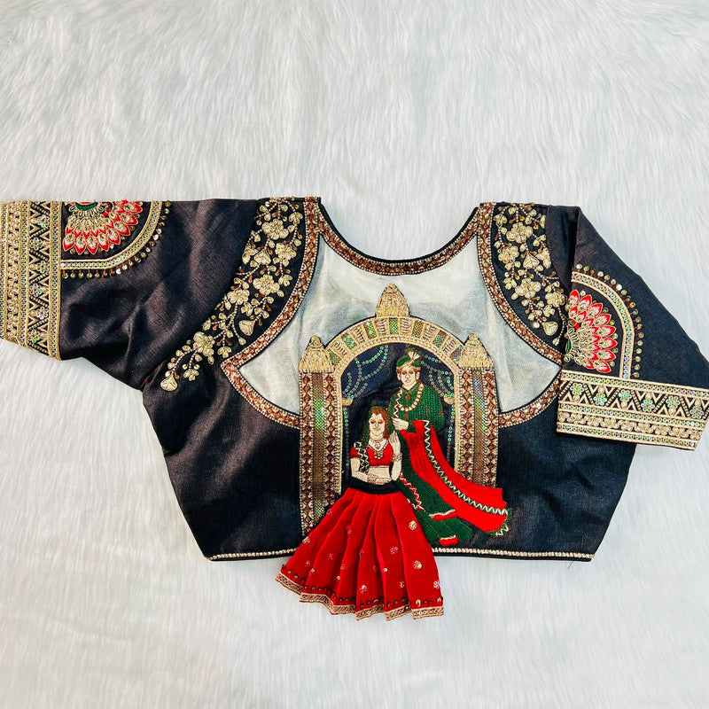 Black Milan Silk Heavy Embroidery Raja Rani Bridal work Ready made Designer Wedding Blouse!!