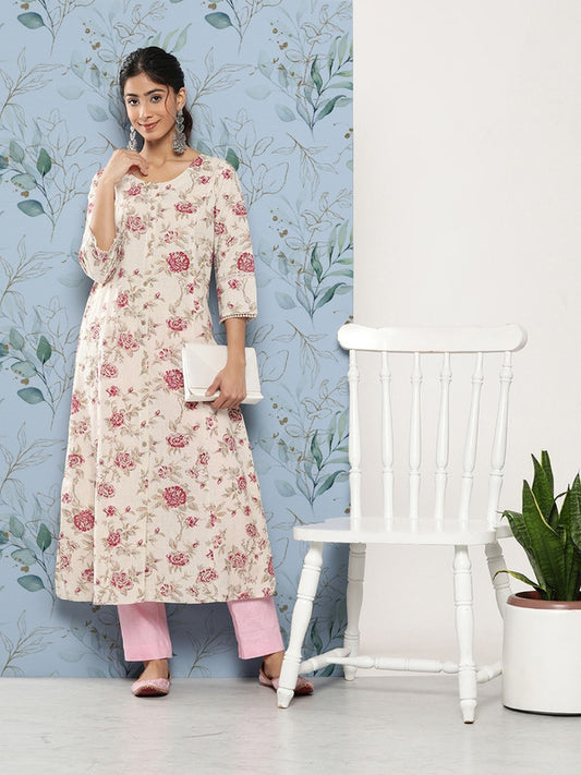 Off white Cotton Floral Printed A-line shape Kurti!!