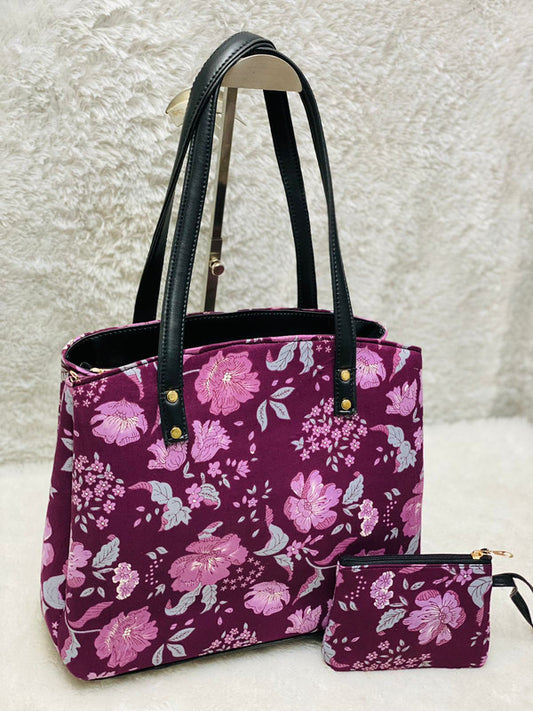 Onion Pink & Multi Coloured Pure Cotton Hand Block Printed Triple Partition Women Hand Bang with Pouch!!