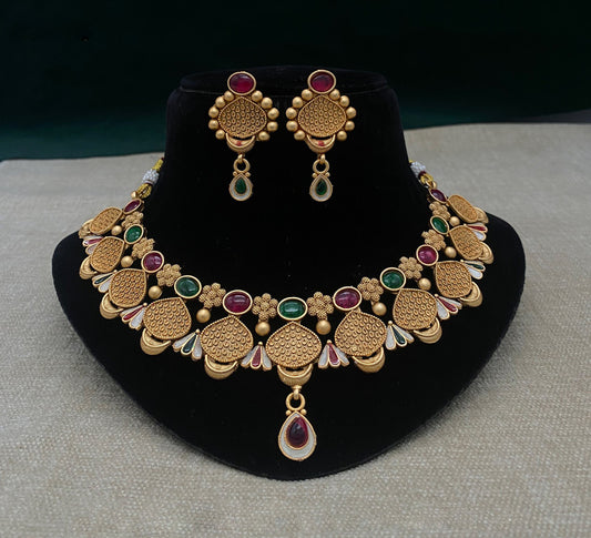 Multi coloured Exclusive Rajwadi jewellery Necklace set with Earrings and matha patti!!