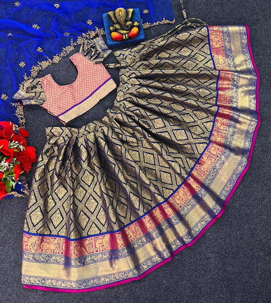 Pink & Gold Coloured Kanjivaram Soft Silk with Zari Weaving contrast Girls Kids Lehenga Choli with Dupatta!!