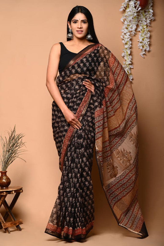 Black & Beige Coloured Beautiful Hand Block printed Women Daily/Party wear Kota Doriya Cotton Saree with Blouse!!