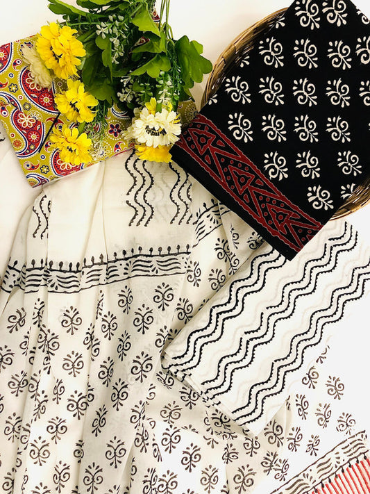 Black & Beige Coloured Unstitched Pure Cotton Exclusive Block Printed Women Party/Daily wear Dress Material Suit- Top with Bottom & Chiffon Dupatta!!