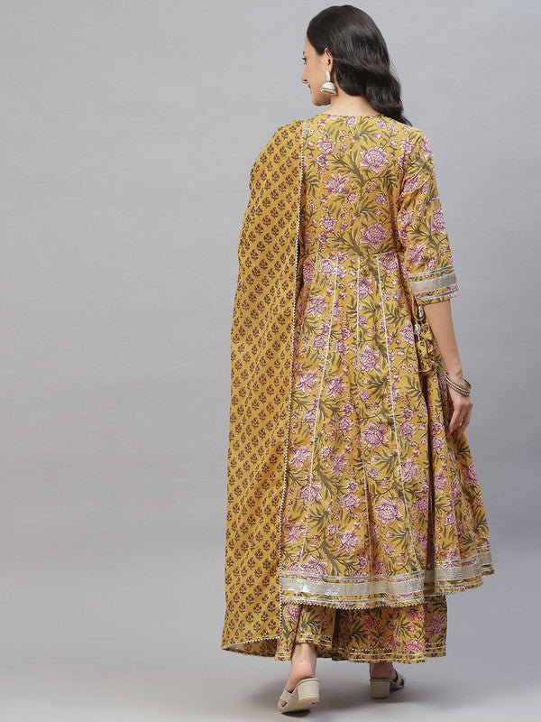 Mustard Yellow Coloured Pure Cotton Floral Printed Gotta Patti Work Women Designer Party wear Anarkali Kurta with Pallazo & Dupatta!!