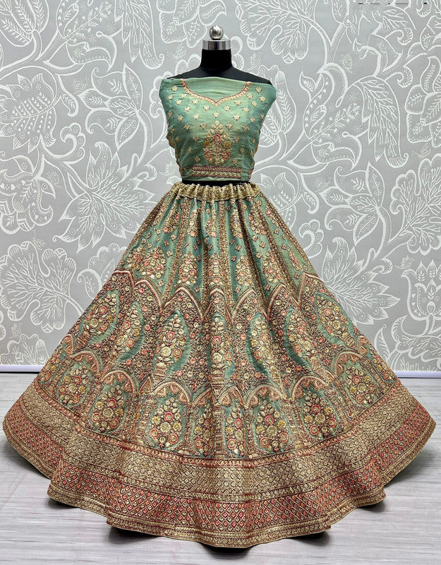 Pista Green Color Net Heavy Embroidery Work Bridal Women Lehenga Choli  -4430154499