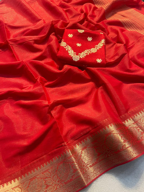 Red Coloured Shimmer Viscose Chiffon with Wevaing Border Women Festival/Party wear Designer Chiffon Saree with Banarasi Silk Blouse!!