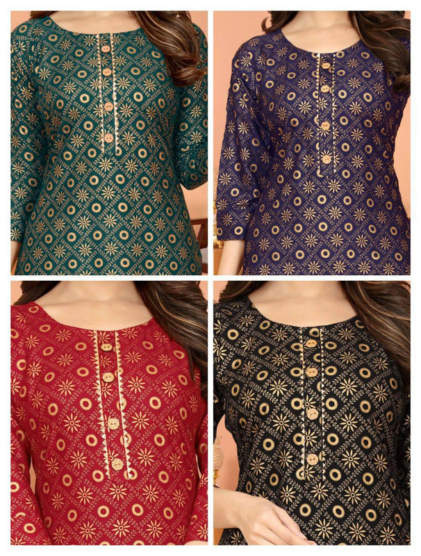 Maroon & Gold Coloured Premium Rayon Foil Print Women Round Neck & 3/4 Sleeves Designer Daily wear Kurti!!