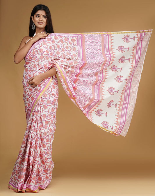 Pink Coloured Cotton Jari Border Print Saree with Blouse!!