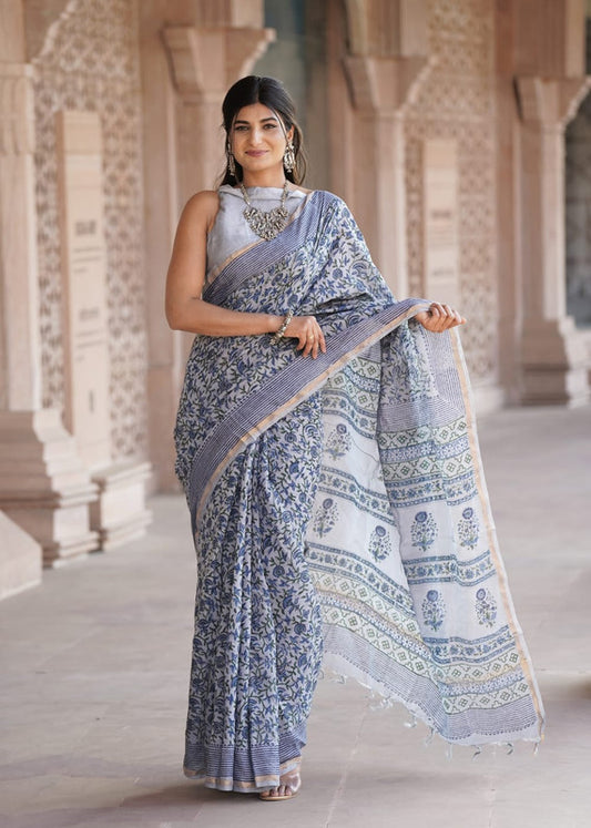 CHANDERI BLOCK PRINTED COTTON SAREE