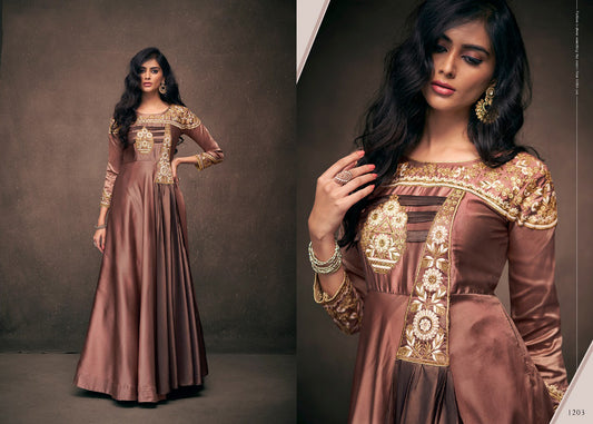 Brown Coloured Triva Satin With Embroidery work Women Designer Ethnic Party wear Gown!!