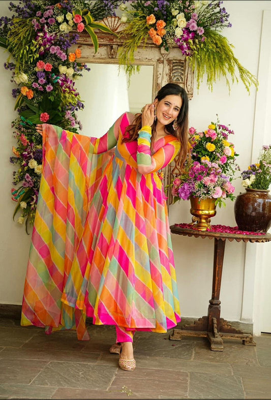 Pink & Multi Coloured With Digital Print Women Designer Party/Casual wear Organza Taby Silk Gown Kurta with Bottom & Dupatta!!