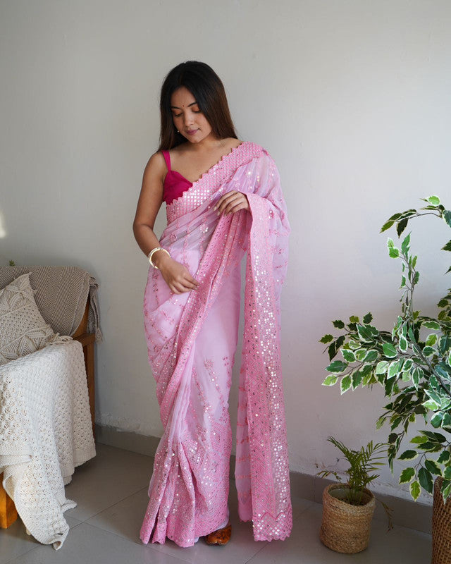 Pink Organza Chikankari Saree Festive Wear