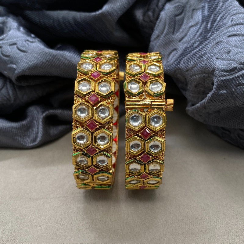 Gold & Multi Coloured Pure Brass Real Kundan Gold Plating Women Designer Set of 2 Openable Kada Bangles!!