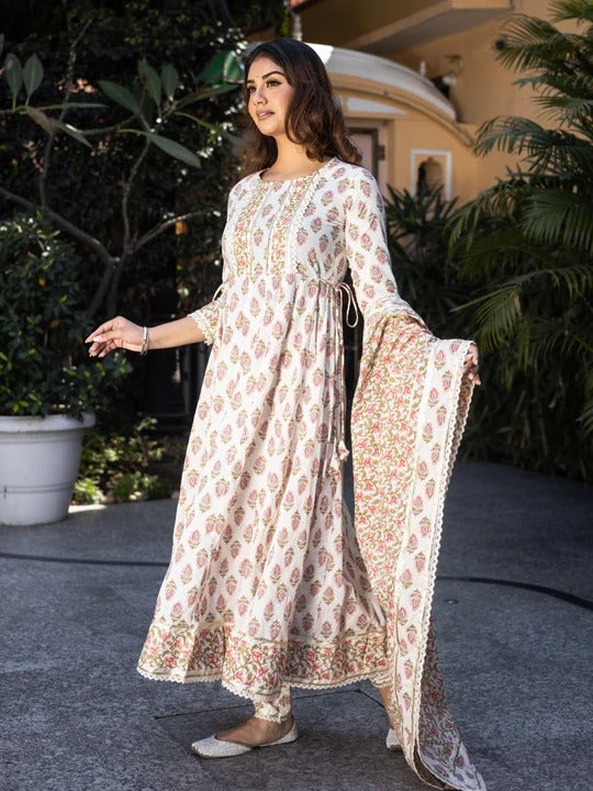 Cream Coloured Pure Cotton Floral Printed Gotta Patti Anarkali Shape Women Designer Party/Daily wear Kurti with Trousers & Dupatta!!