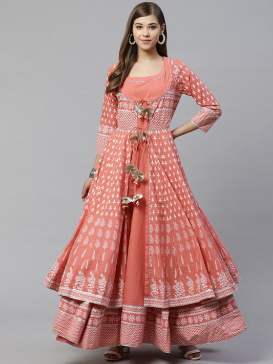 Peach Coloured Pure Cotton Floral Printed Gotta Patti Work Women Designer Party wear Anarkali Kurta with Long Ethnic Jacket!!