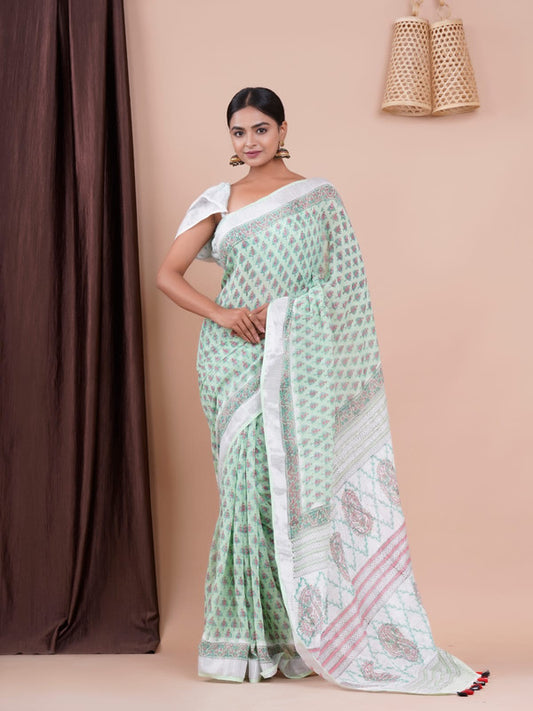 BEAUTIFUL LINEN HAND BLOCK PRINT SAREE